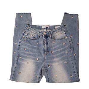 Judy Blue 5/27 Skinny Fit Embroidered Stars Light Blue Jeans Raw Hem JB88265